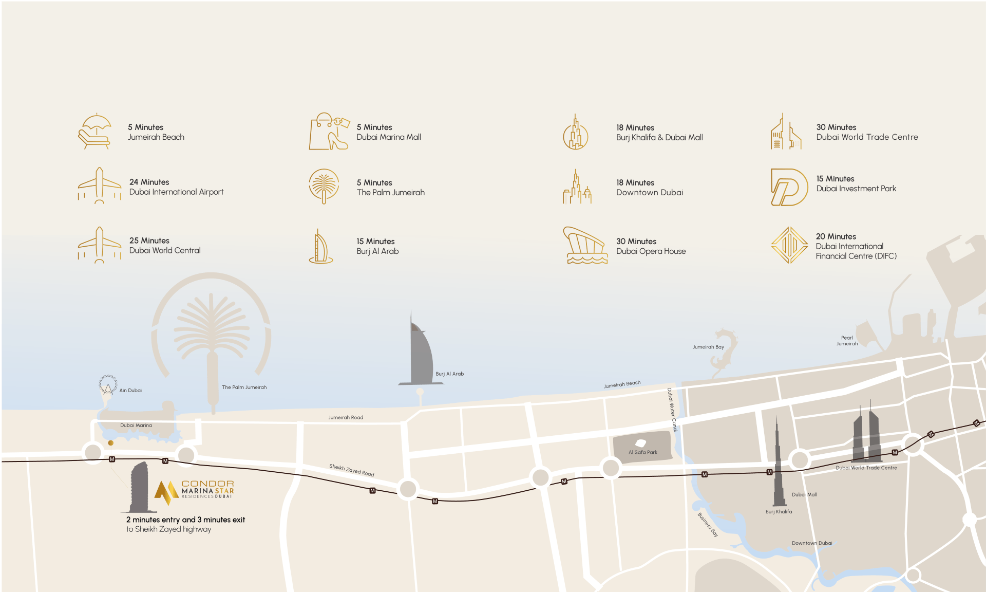 Illustrated map of Dubai marina depicting the location of The Condor Marina Star Residences